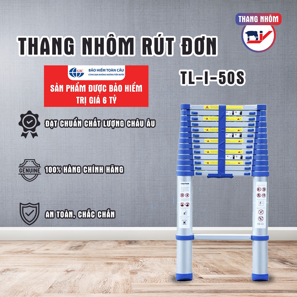 Thang nhôm rút đơn nhập khẩu DIY TL-I-50S chiều cao sử dụng tối đa 5.0m, tải trọng 150kg - Hàng chính hãng