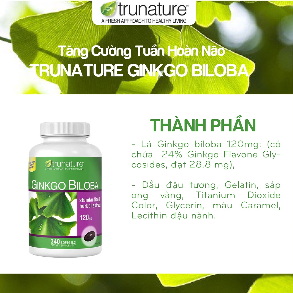 Viên uống Bổ não Trunature Ginkgo Biloba hỗ trợ tuần hoàn máu não 340 viên của Mỹ
