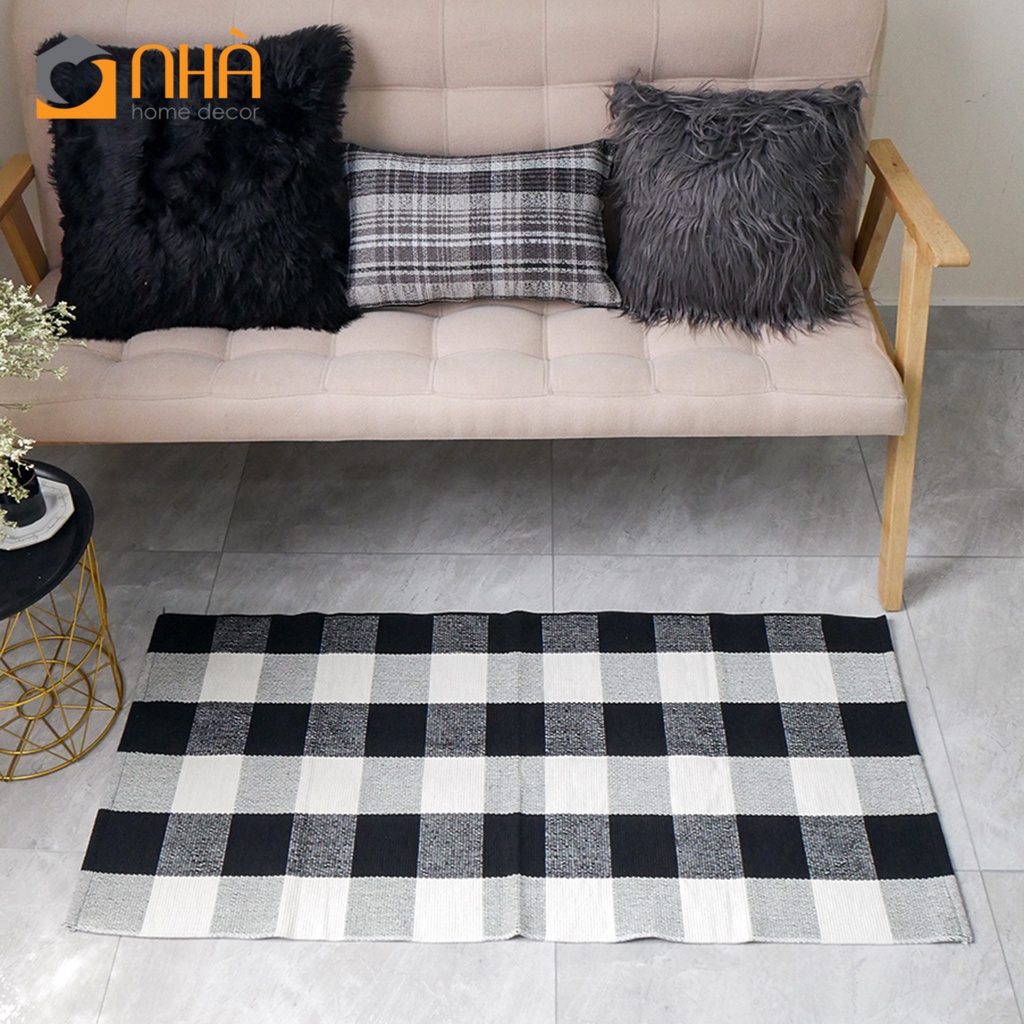 Thảm Lau Chân Canvas Trang Trí Phòng Khách Phối Màu Caro Trắng Đen