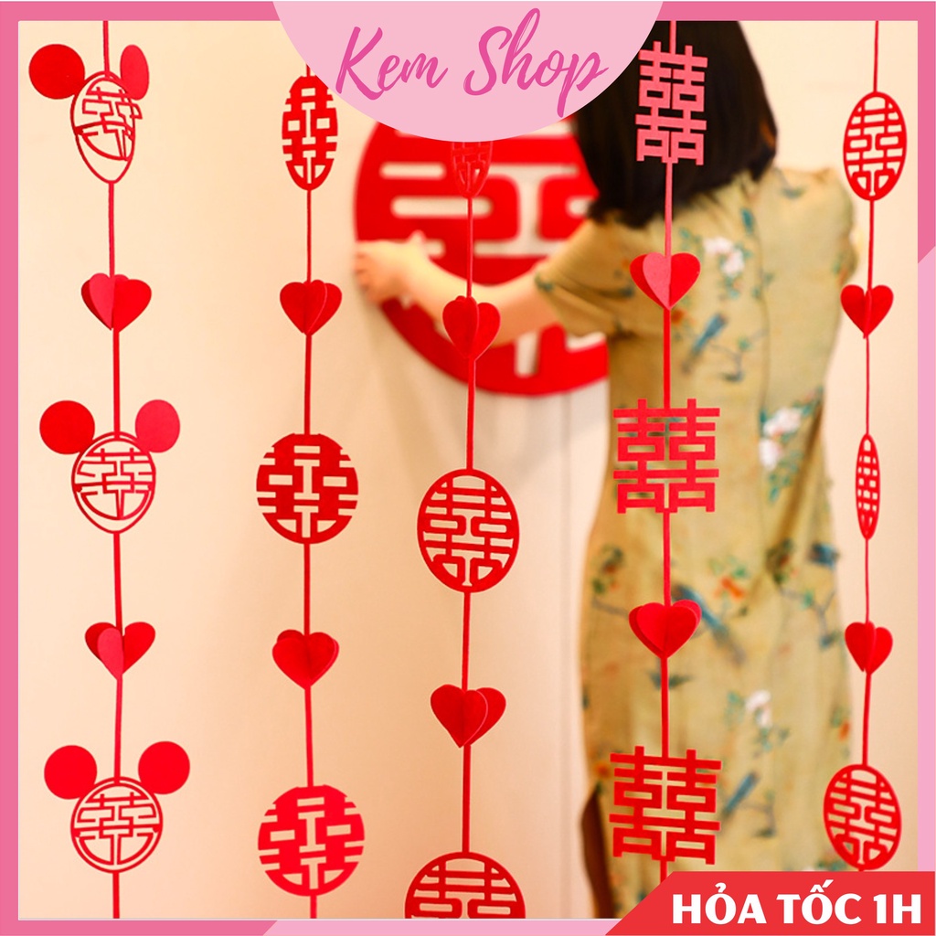 Set 4 dây chữ hỷ kèm trái tim trang trí rèm, cửa sổ phòng cưới - Kem Shop K327
