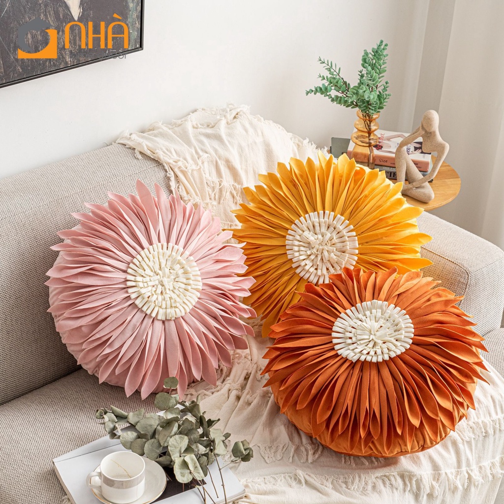Vỏ Gối Tựa Lưng, Gối Sofa Đính Hoa Hướng Dương Sang Trọng