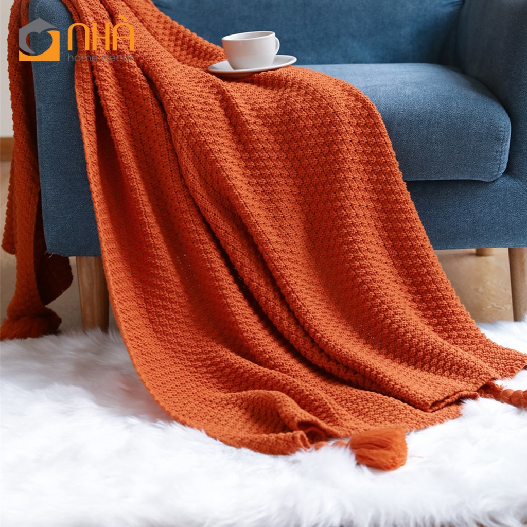 Chăn Đan Len Dệt Sợi Đính Tua Rua Trang Trí Ghế Sofa Giường Ngủ Bắc Âu