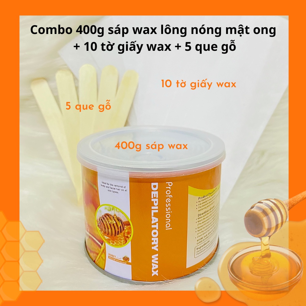 COMBO 400G Sáp wax lông nóng mật ong +10 tờ giấy wax lông+5 que gỗ quét ...