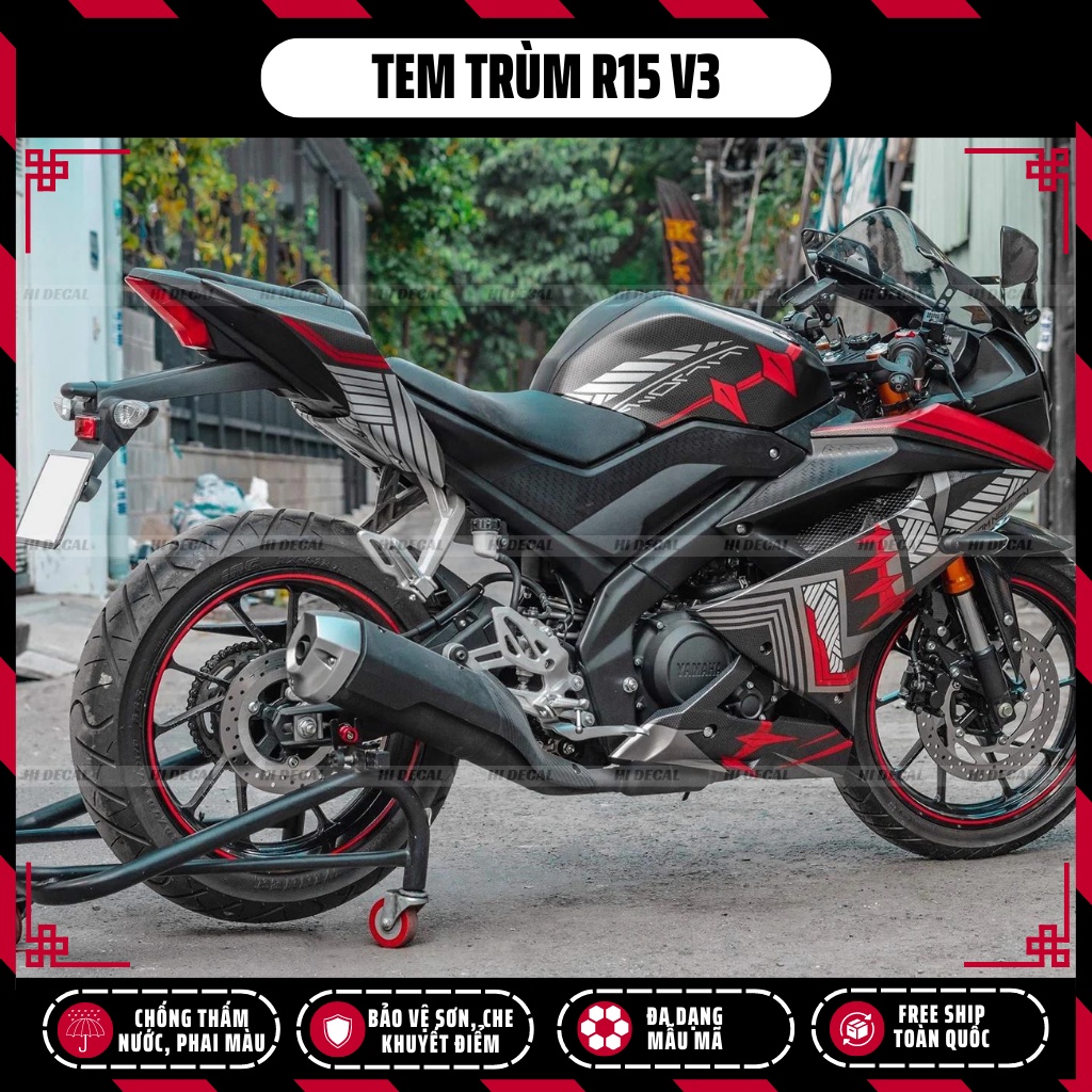 Tem trùm dán xe R15 v3 màu đen đỏ | Mẫu R15H011 | Decal dán xe R15v3 chống nước, chống phai màu