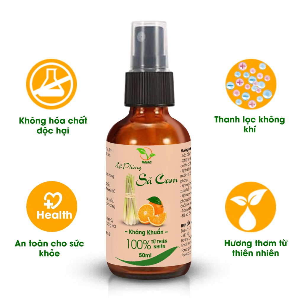 Ảnh Xịt phòng Sả Cam chai 50ml TAMAS, 100% chiết xuất từ thiên nhiên an toàn cho sức khỏe giúp thơm phòng, khử mùi, thư giãn 2