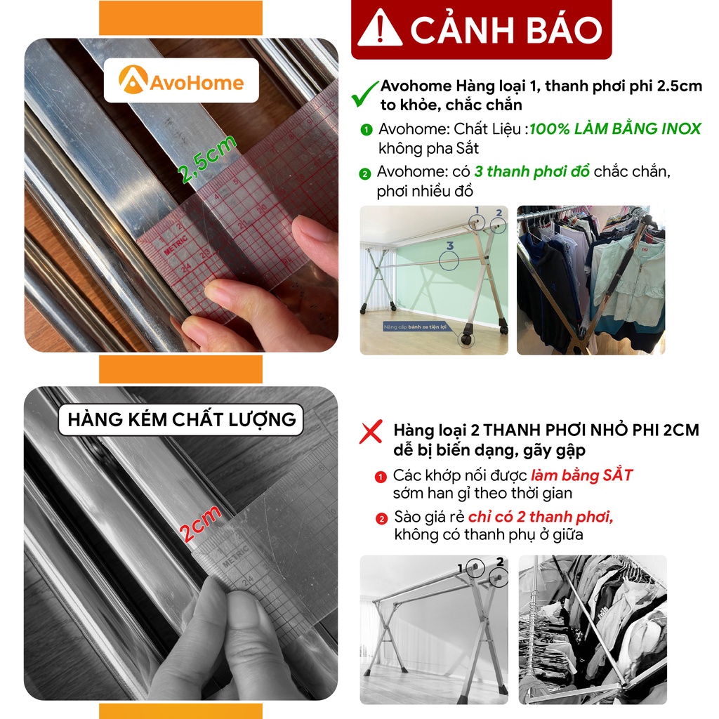 Ảnh Giàn phơi quần áo AVOHOME loại sào treo đồ thông minh dạng giá phơi gấp gọn có bánh xe, thiết kế kiểu sào inox 2