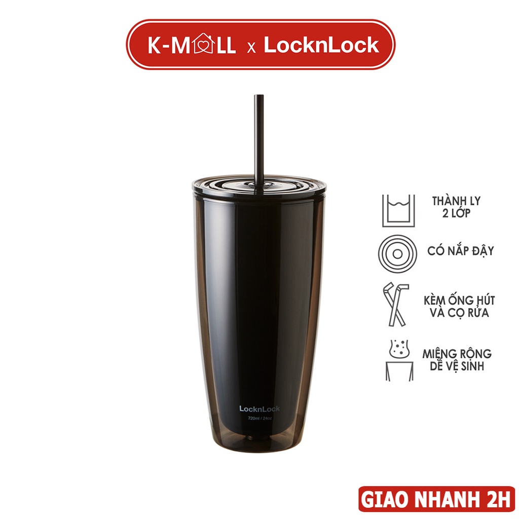 Ly nhựa 2 lớp Lock&Lock có ống hút 750ml Doublewall Coldcup HAP507 - màu đen - K-MALL