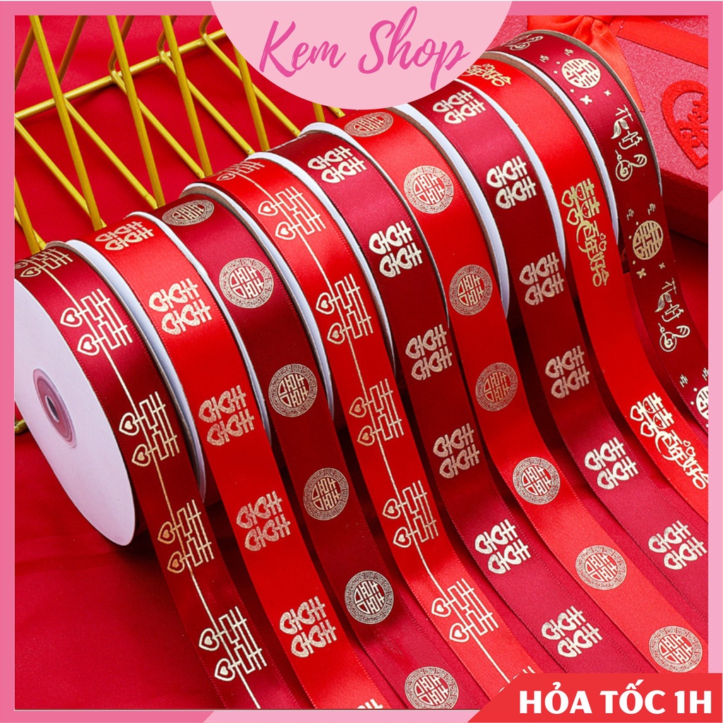 Cuộn ruy băng lụa đỏ, ruy băng song hỷ trang trí đám cưới, quà cưới - Kem Shop K329