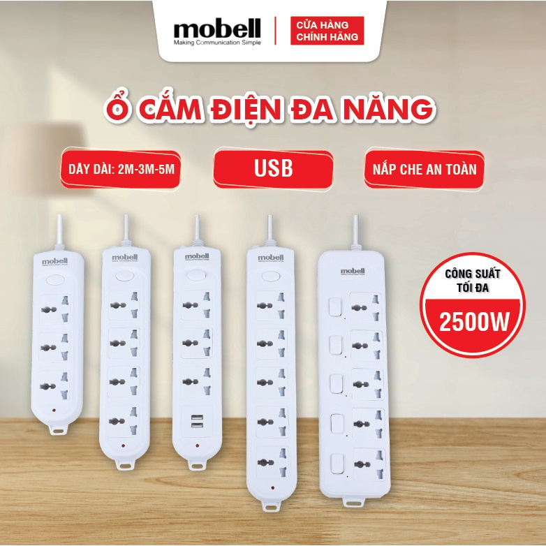 Ổ Cắm Điện Đa Năng Mobell Có USB 2m/3m/5m Có Công Tắc Chịu Nhiệt Cao 750 Độ C 2500W