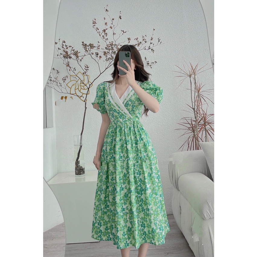 Váy hoa nhí dáng dài vintage thiết kế GOROGI, đầm hoa nhí tay phồng maxi cộc tay có bigsize VH05