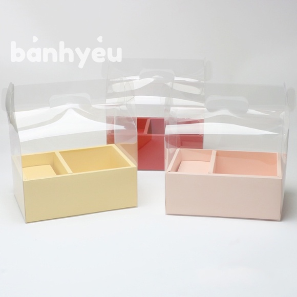 Hộp Mica Trong Suốt 2 Ngăn đựng bánh và hoa màu Đỏ/Hồng không nơ - BB136