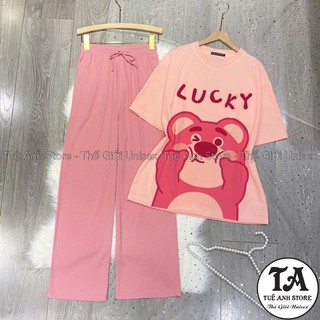 Set Bộ Cotton Quần Dài Ống Suông Gân Tăm Cao Cấp - Set Dài Nữ Lưng Cao Ống Rộng Phối Áo Thun 3D Phong Cách Hàn Quốc