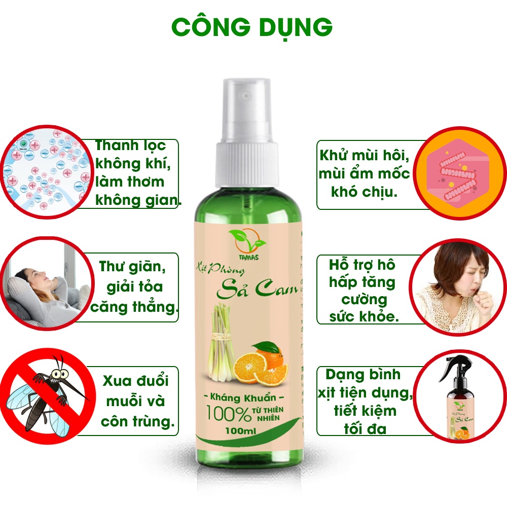 Ảnh Xịt phòng Sả Cam chai 100ml TAMAS, thơm phòng, đuổi muỗi, thư giãn tinh thần. 2
