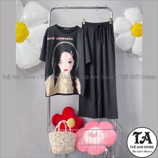 [25 Mẫu Mới] Set Bộ Cotton Quần Dài Ống Suông Gân Tăm Cao Cấp - Set Dài Nữ Lưng Cao Ống Rộng Phối Áo Thun 3D Hàn Quốc