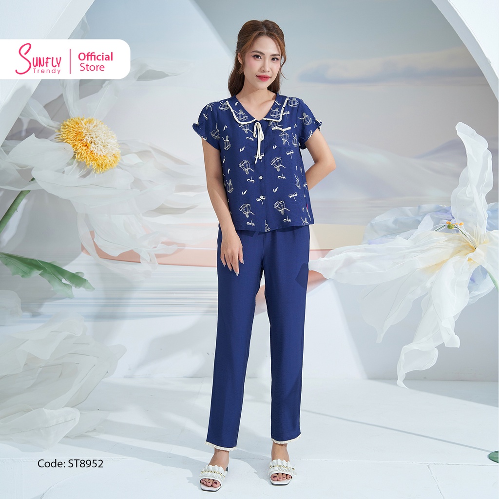 Bộ Đồ Mặc Nhà Nữ Pijamas Linen SUNFLY Áo Cộc Quần Dài ST8952