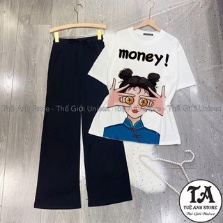 Set Bộ Cotton Quần Dài Ống Suông Gân Tăm Cao Cấp - Set Dài Nữ Lưng Cao Ống Rộng Phối Áo Thun 3D Phong Cách Hàn Quốc