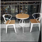 Bộ bàn ghế sân vườn ngoài trời khung thép cacbon phun sơn tĩnh điện mặt gỗ sồi cao cấp, Bàn ghế ban công decor nhà đẹp — ảnh 4