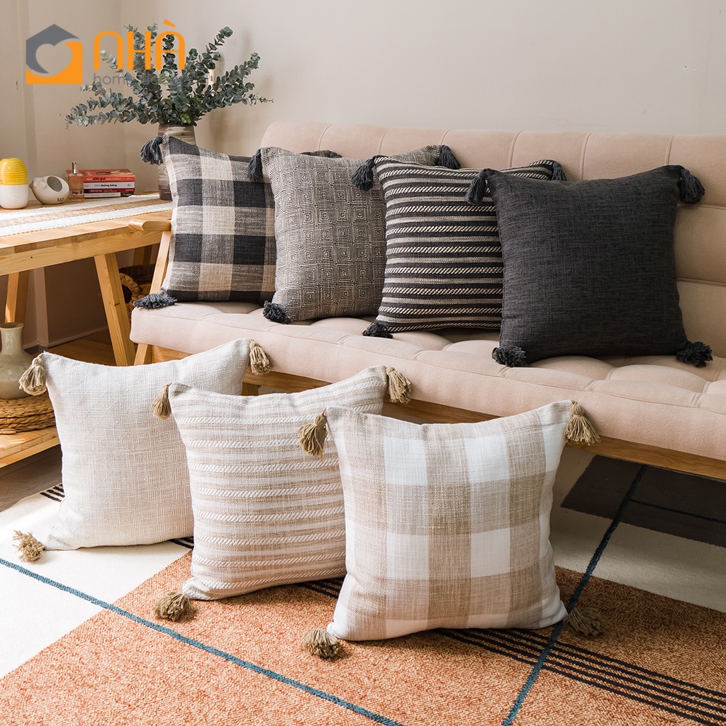 Vỏ Gối Vuông Sofa Vải Lanh Đính Tua Rua Họa Tiết Caro Retro Đơn Giản Passion