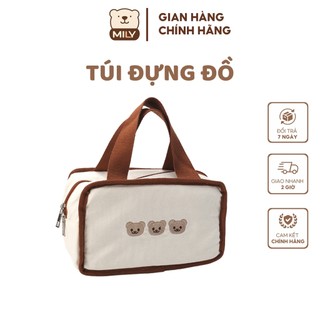 Túi cách nhiệt chính hãng Mily đựng máy hút sữa, ủ bình, họa tiết gấu, vải cavans organic.