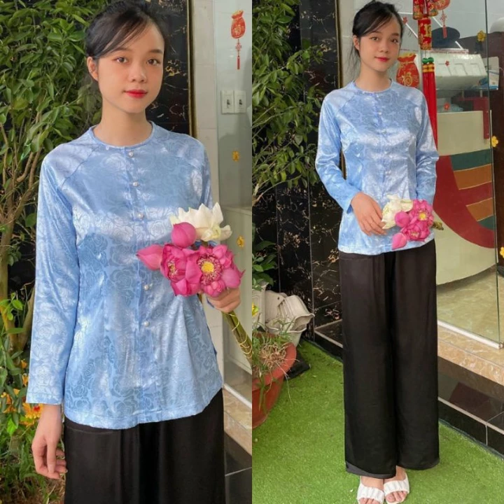 ÁO BÀ BA TIM GẤM (BÁN ÁO LẺ HOẶC QUẦN LẺ) bà ba nữ gấm cổ tim đủ màu bả ba Tết đồ lam nữ quần áo phật tử đi chùa