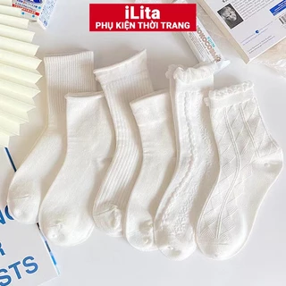 Tất vớ nữ nam cao cổ dài trắng dễ thương hàn quốc đẹp iLita chân thấp nhún đủ màu trắng