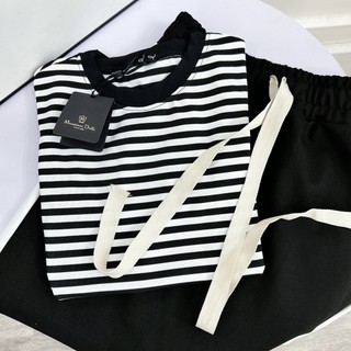 Set Bộ Đồ Nữ Áo Kẻ Đen Trắng Ngắn Tay Phối Viền Mix Chân Váy Umi Hàn Dây Rút To Freesize