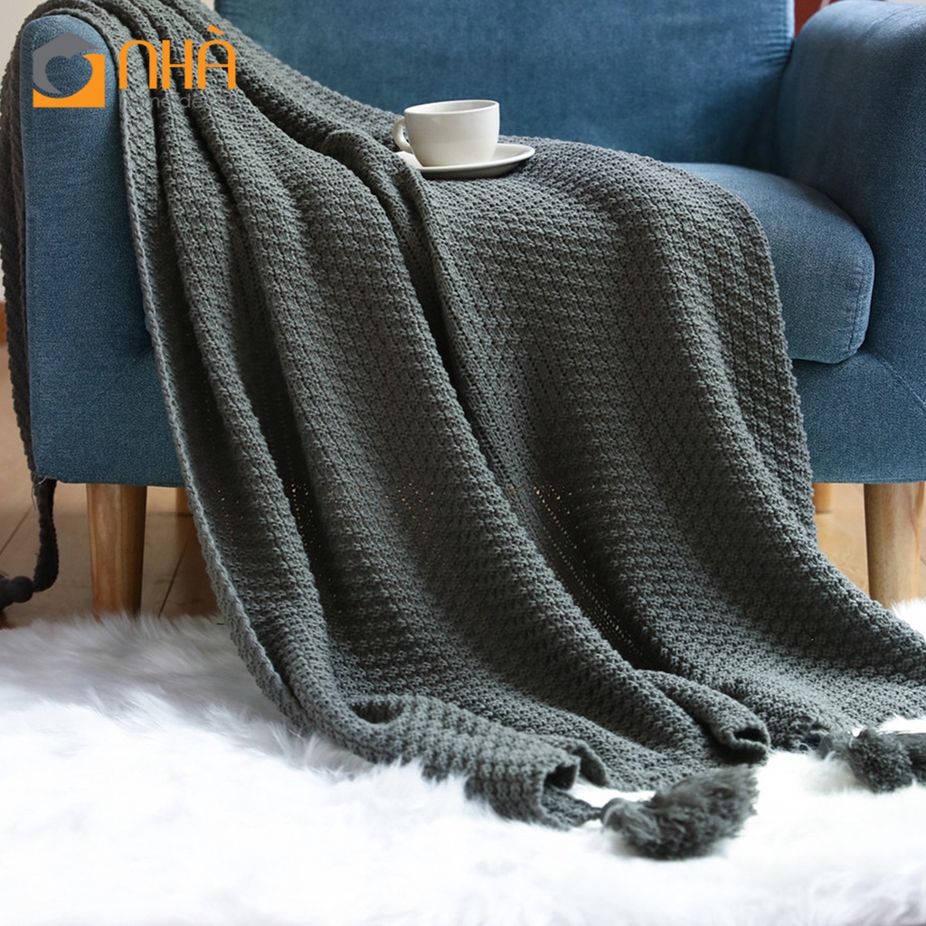 Chăn Đan Len Dệt Sợi Đính Tua Rua Trang Trí Ghế Sofa Giường Ngủ Bắc Âu
