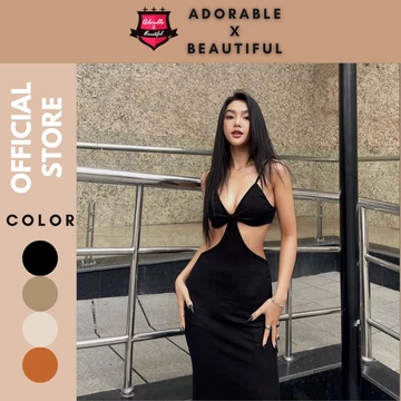 Đầm Body Hai Dây Maxi Cut Out Eo, Váy Maxi Đi Biển Chất Thun Form Dài Đen Be Nâu