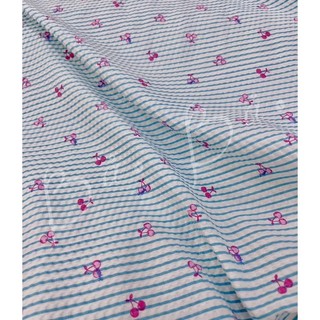 Vải Cotton Xốp Tông Pastel Nhẹ Nhàng In Trái Cherry Phối Sọc Mềm Rũ Phồng Nhẹ Khổ 1m45