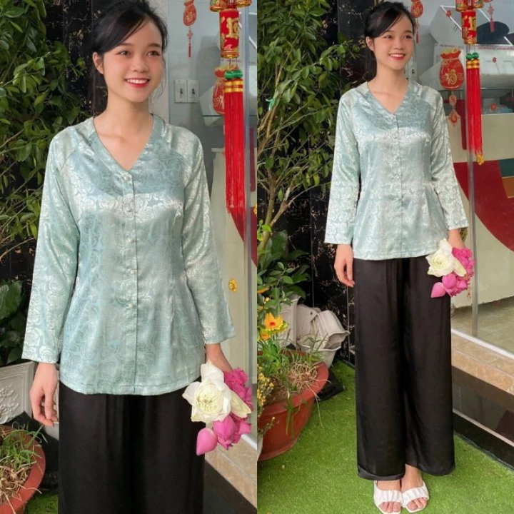 ÁO BÀ BA TIM GẤM (BÁN ÁO LẺ HOẶC QUẦN LẺ) bà ba nữ gấm cổ tim đủ màu bả ba Tết đồ lam nữ quần áo phật tử đi chùa