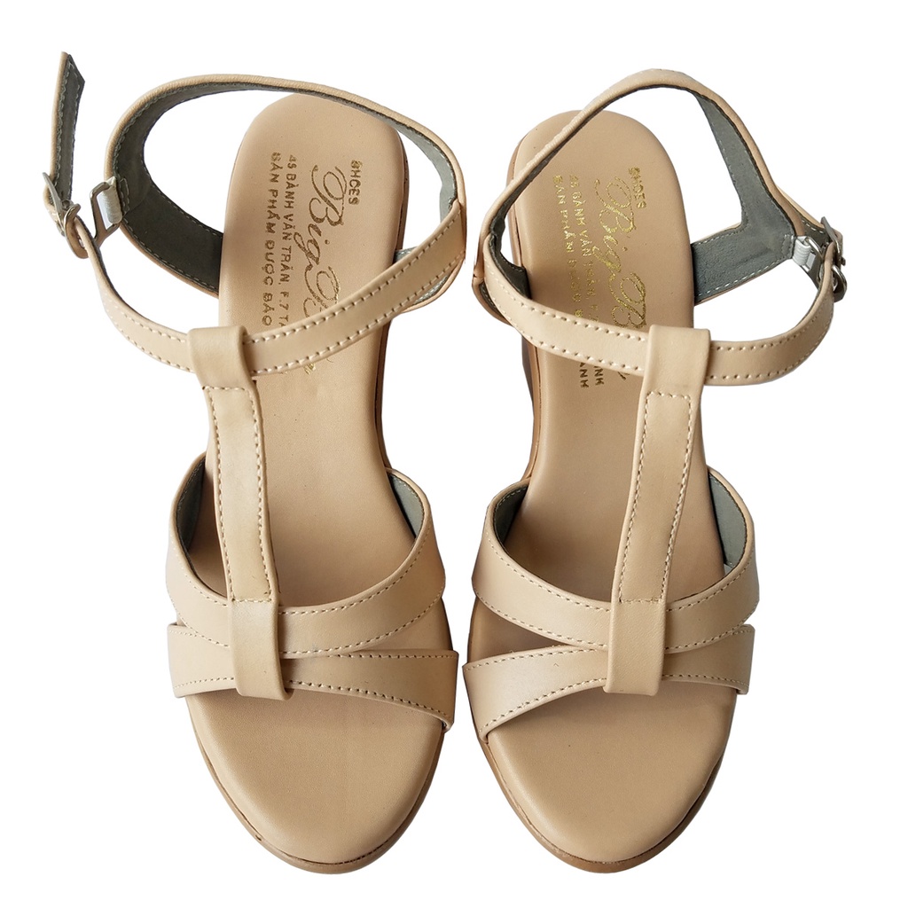 Giày Sandal Đế Xuồng BIGGBEN Da Bò Cao 9 Phân HKD654