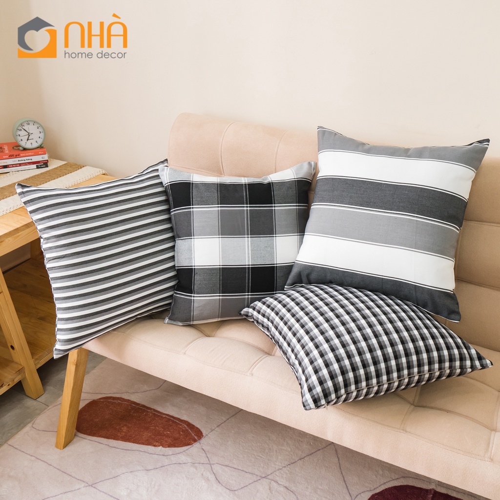 Vỏ Gối Tựa Lưng  Sofa Cotton Họa Tiết Sọc Caro Vintage