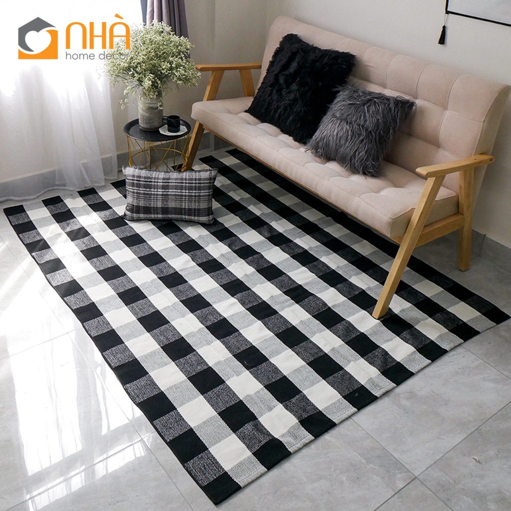 Thảm Lau Chân Canvas Trang Trí Phòng Khách Phối Màu Caro Trắng Đen