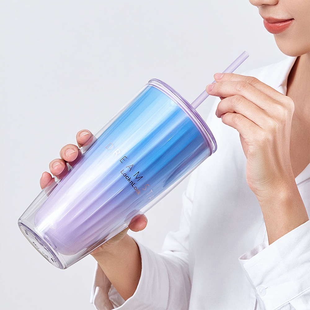 Ly nhựa 2 lớp LocknLock Double Wall Cold Cup 750ml HAP522BLU Màu Xanh Kèm ống hút và cọ rửa - K-MALL
