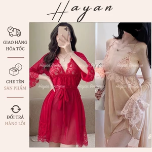HT801 Set váy ngủ và áo choàng sexy ren xuyên thấu dáng xoè xẻ v1 tôn dáng gợi cảm HT801