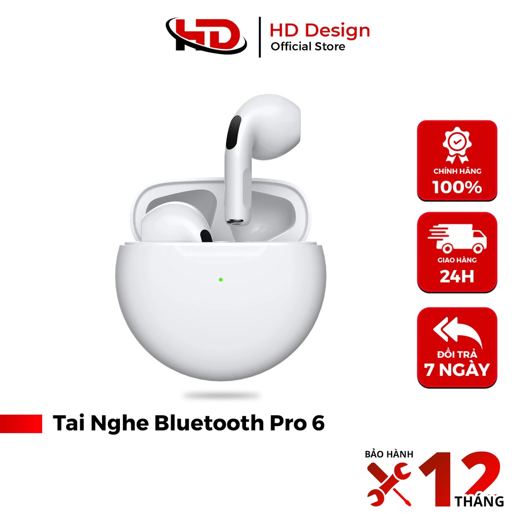 Tai Nghe Không Dây Bluetooth Pro 6 trắng TWS 5.0 - Âm Bass Hay - Pin Trâu - Có Mic - Đổi Tên - Chính Hãng HD DESIGN