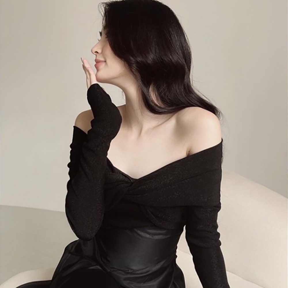 Áo len trễ vai cách điệu - Áo len nhũ dáng ôm quyến rũ