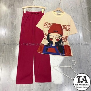 Set Bộ Cotton Quần Dài Ống Suông Gân Tăm Cao Cấp - Set Dài Nữ Lưng Cao Ống Rộng Phối Áo Thun 3D Phong Cách Hàn Quốc
