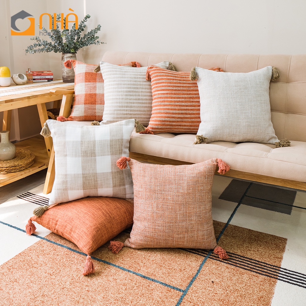 Vỏ Gối Vuông Sofa Vải Lanh Đính Tua Rua Họa Tiết Caro Retro Đơn Giản Passion