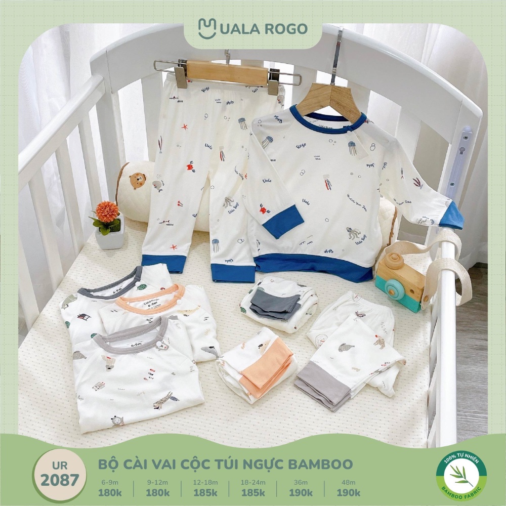 Bộ quần áo dài tay cho bé Ualarogo 6 tháng - 4 tuổi vải sợi tre BAMBOO cài vai mềm mại thấm hút thoáng mát 2087