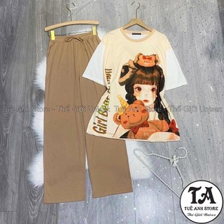 [Mẫu Mới] Set Đồ Bộ Cotton Quần Dài Ống Suông Gân Tăm Cao Cấp - Set Dài Nữ Lưng Cao Ống Rộng Phối Áo Cổ Viền Cô Gái