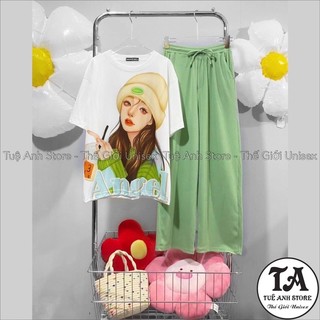 [25 Mẫu Mới] Set Bộ Cotton Quần Dài Ống Suông Gân Tăm Cao Cấp - Set Dài Nữ Lưng Cao Ống Rộng Phối Áo Thun 3D Hàn Quốc