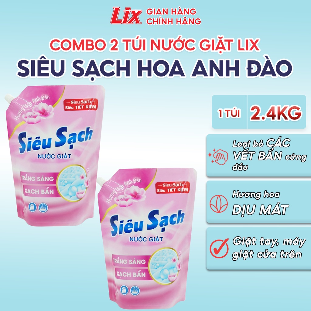Combo 2 túi nước giặt Lix Siêu Sạch Hoa Anh Đào dung tích 2.4kg/túi, 2C-N2502 - Lixco Việt Nam