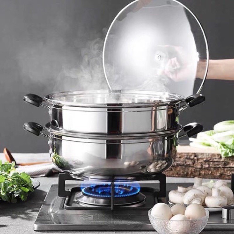 Bộ xửng hấp - nồi hấp 2 tầng  nắp kính inox 28cm cao cấp hấp xôi - hấp bánh bao đa năng -  tiện dụng