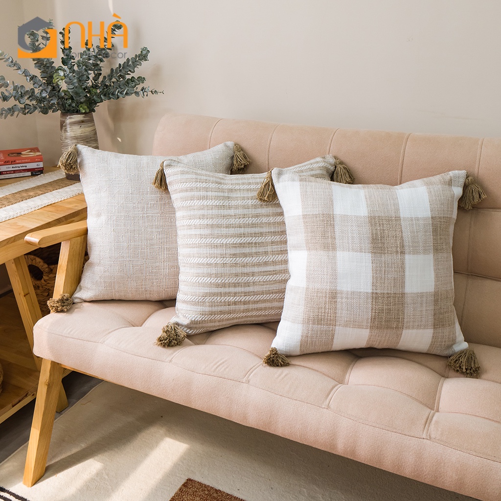 Vỏ Gối Vuông Sofa Vải Lanh Đính Tua Rua Họa Tiết Caro Retro Đơn Giản Passion