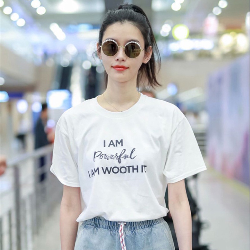 Áo Thun Nữ HappyFamily - Áo Phông Nữ Tay Lỡ I Am Powerful I Am Worth It Chất Cotton 100 Cao Cấp 2 Màu Trắng Đen