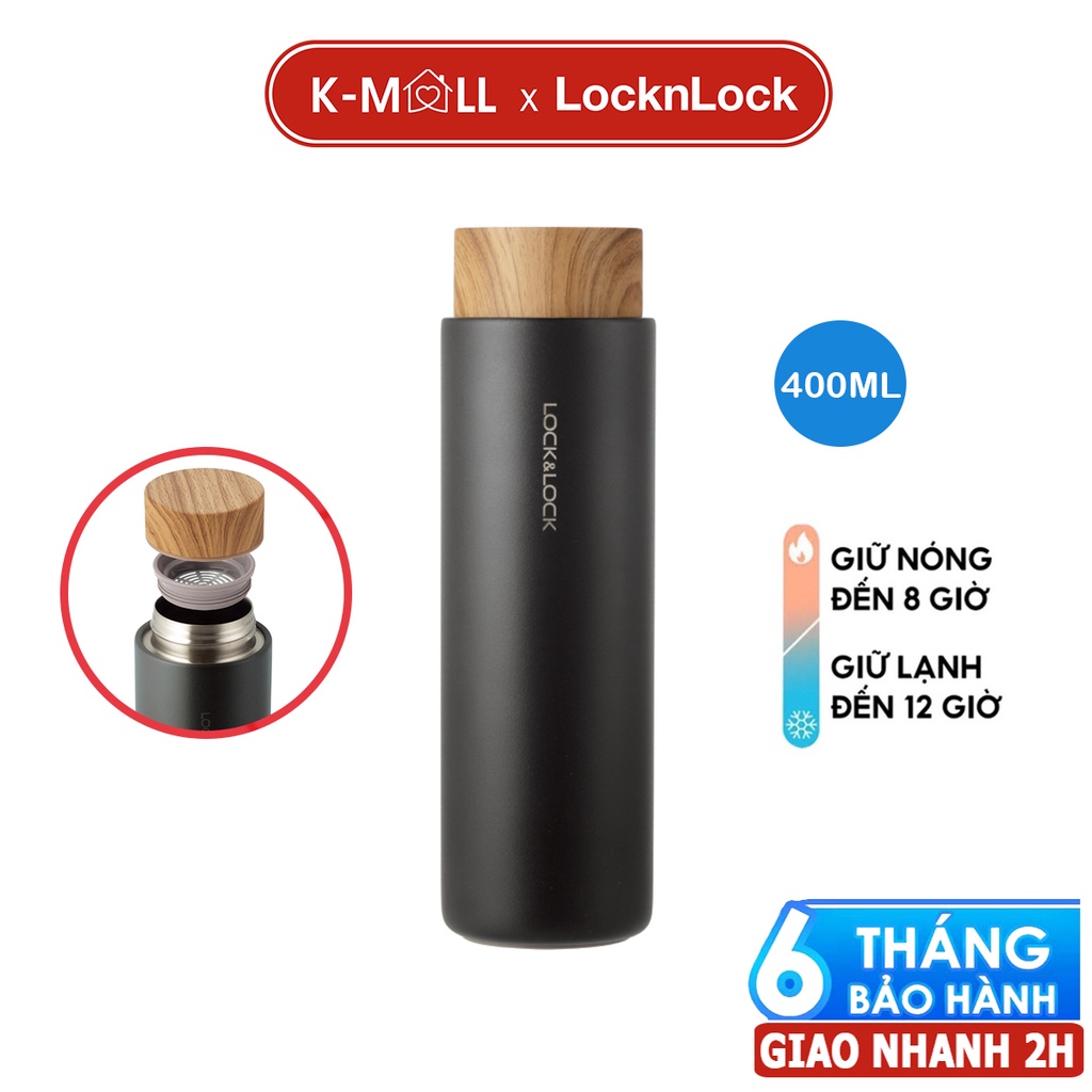 Bình giữ nhiệt LocknLock Flat Tumbler 400ml LHC4227 , có khay lọc trà, nắp nhựa kiểu gỗ - K-MALL