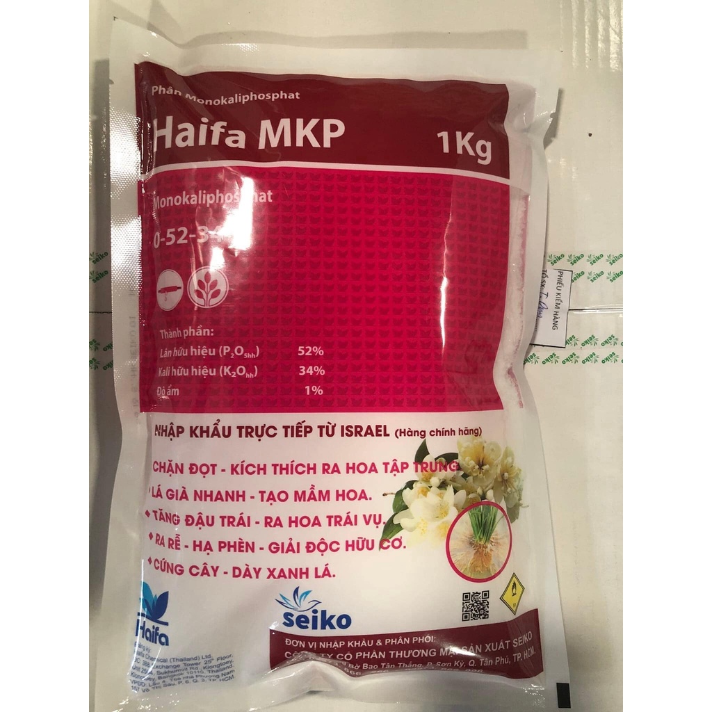 Phân bón Seiko MKP 0-52-34 nhập khẩu Haifa Isarel Chính hãng LÁ MAU GIÀ,  RA HOA TẬP TRUNG, trái to, tăng độ đường (1kg)