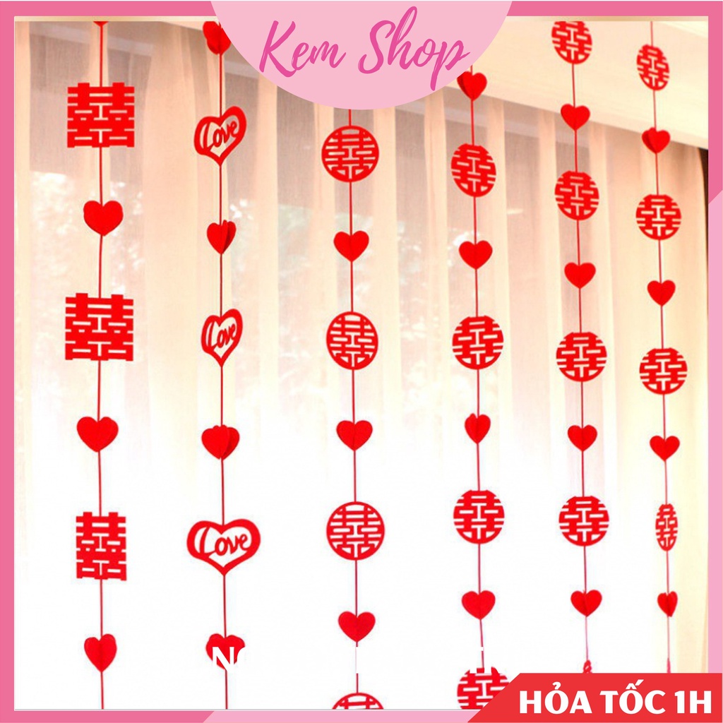 Set 4 dây chữ hỷ kèm trái tim trang trí rèm, cửa sổ phòng cưới - Kem Shop K327