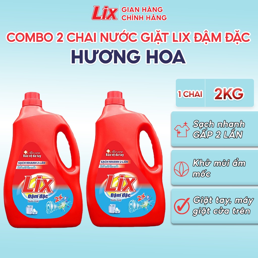 Combo 2 chai nước giặt Lix đậm đặc hương hoa chai 2kg làm sạch cực nhanh vết bẩn - 2C-NG201